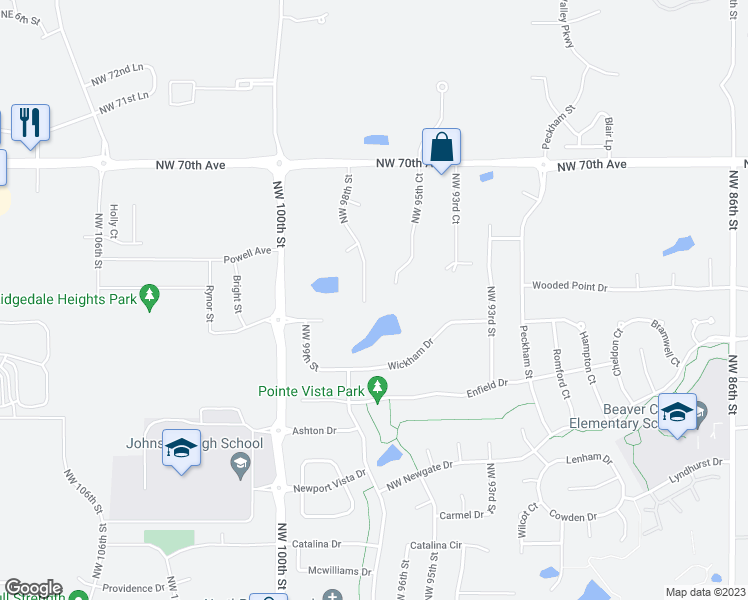 map of restaurants, bars, coffee shops, grocery stores, and more near 6795 Northwest 98th Street in Johnston