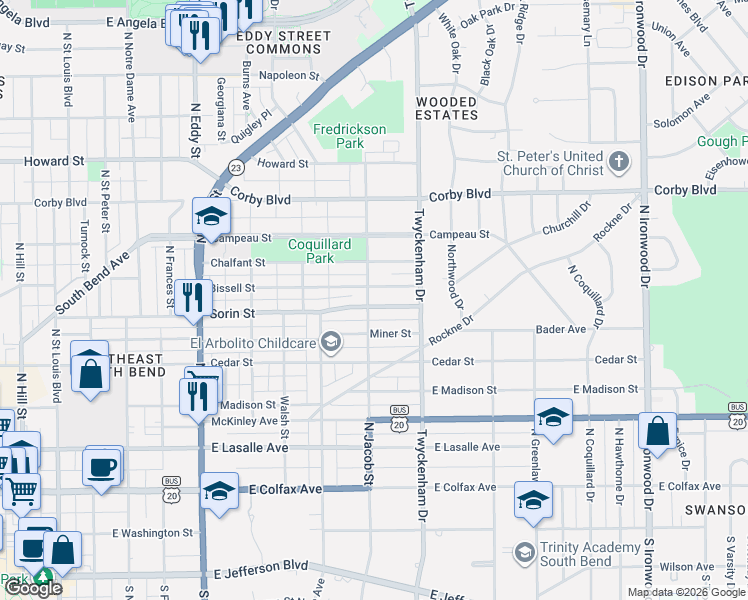 map of restaurants, bars, coffee shops, grocery stores, and more near 1402 East Sorin Street in South Bend