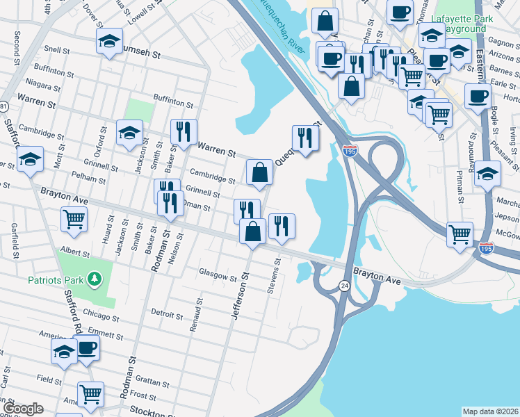 map of restaurants, bars, coffee shops, grocery stores, and more near 172 Jefferson Street in Fall River