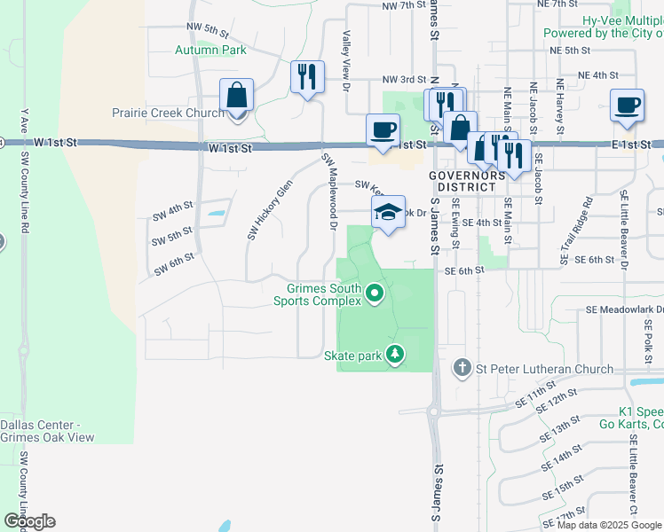 map of restaurants, bars, coffee shops, grocery stores, and more near 509 Southwest Maplewood Drive in Grimes