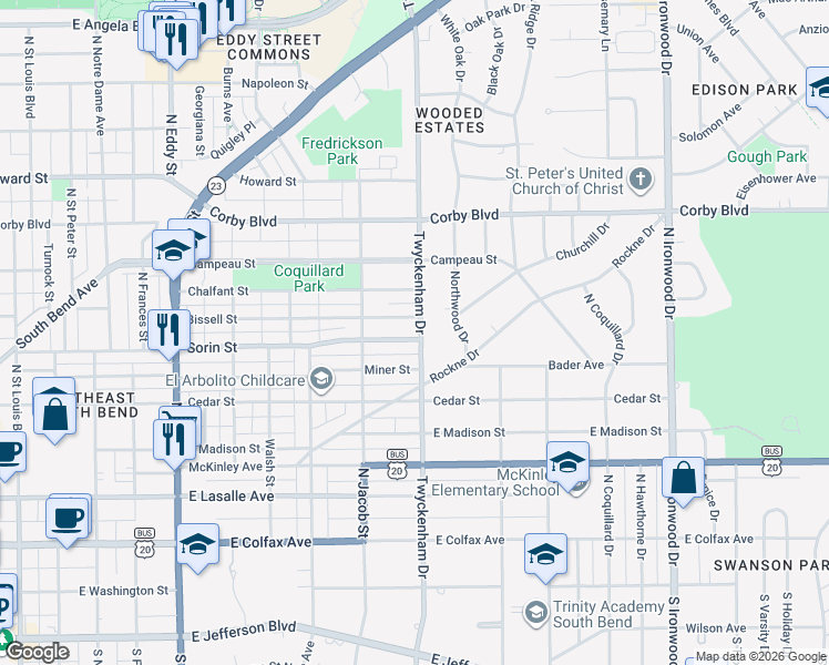 map of restaurants, bars, coffee shops, grocery stores, and more near 1454 East Sorin Street in South Bend