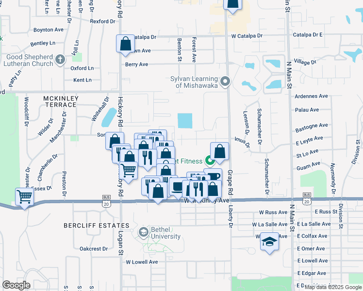 map of restaurants, bars, coffee shops, grocery stores, and more near 2501 Benton Street in Mishawaka