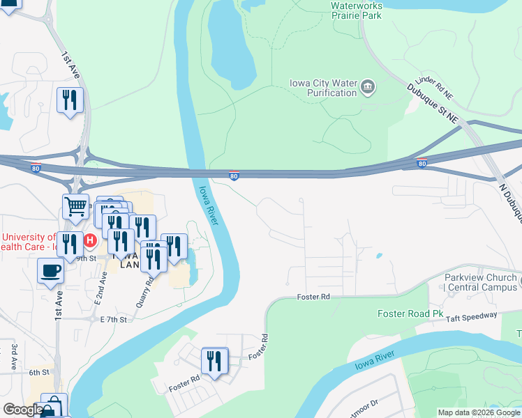 map of restaurants, bars, coffee shops, grocery stores, and more near 945 Manitou Trail in Iowa City