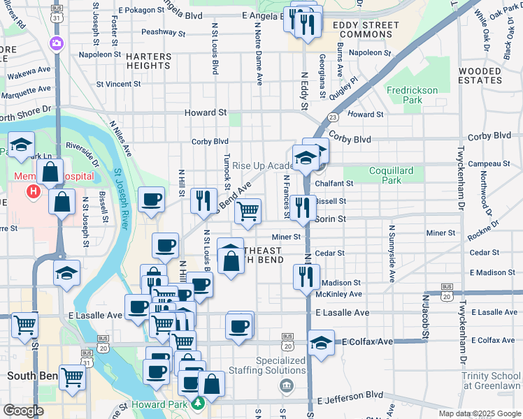 map of restaurants, bars, coffee shops, grocery stores, and more near 617 North Notre Dame Avenue in South Bend