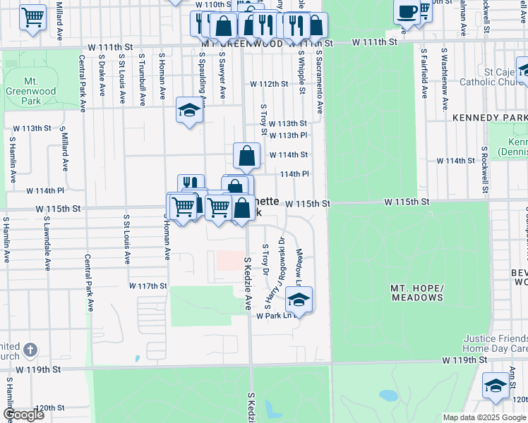 map of restaurants, bars, coffee shops, grocery stores, and more near 3166 West Meadow Lane Drive in Merrionette Park