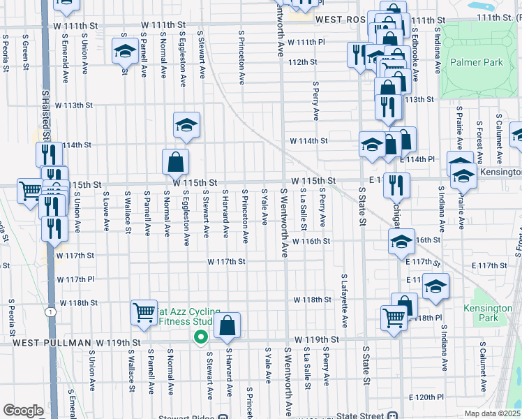 map of restaurants, bars, coffee shops, grocery stores, and more near 11540 South Yale Avenue in Chicago