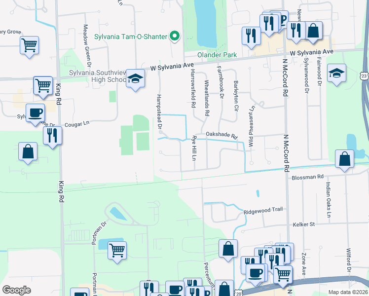 map of restaurants, bars, coffee shops, grocery stores, and more near 3656 Hampstead Drive in Sylvania