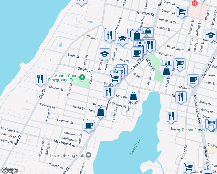 map of restaurants, bars, coffee shops, grocery stores, and more near 684 King Philip Street in Fall River