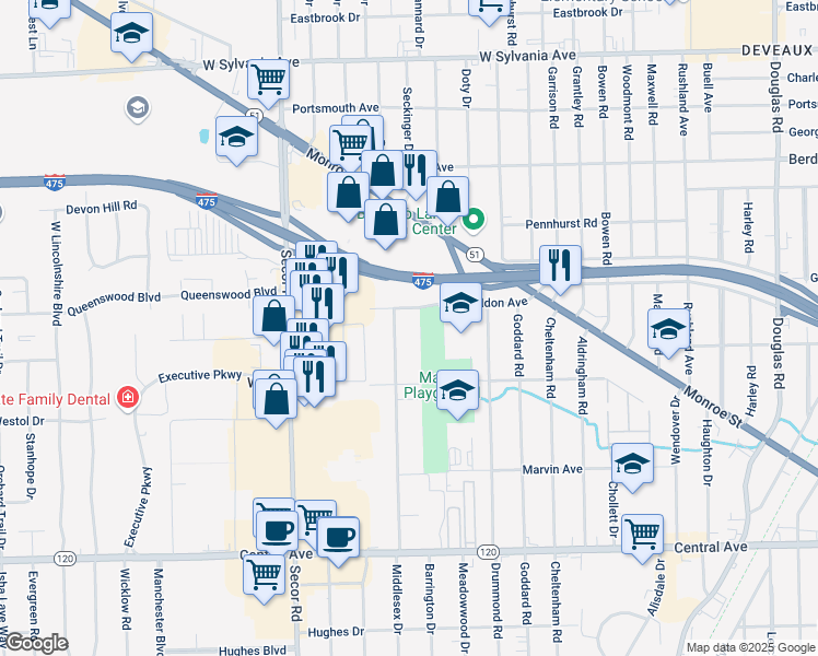 map of restaurants, bars, coffee shops, grocery stores, and more near 3020 Ilger Ave in Toledo