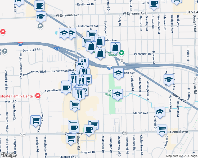 map of restaurants, bars, coffee shops, grocery stores, and more near 3427 Middlesex Dr in Toledo
