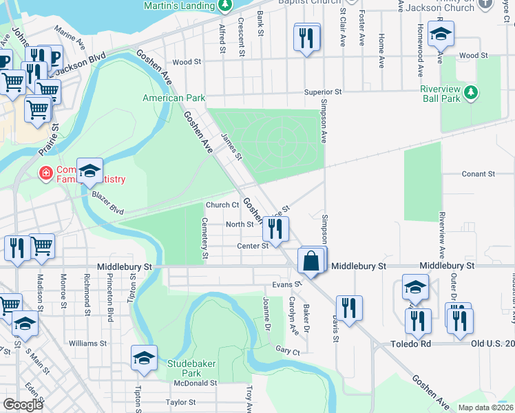 map of restaurants, bars, coffee shops, grocery stores, and more near 1200 Rice Street in Elkhart