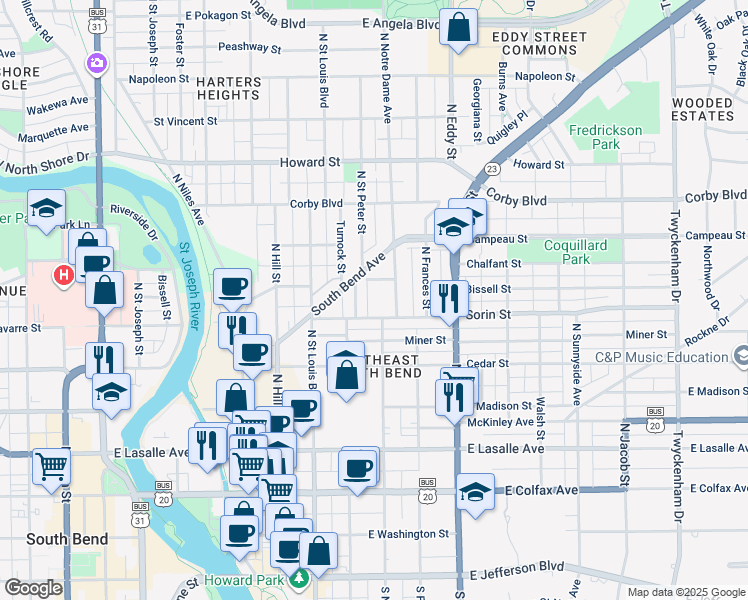 map of restaurants, bars, coffee shops, grocery stores, and more near 813 East Sorin Street in South Bend