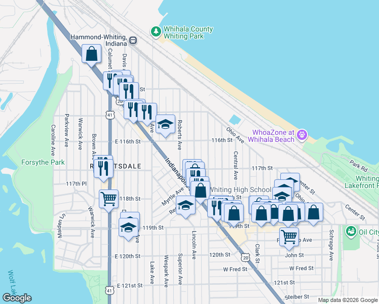 map of restaurants, bars, coffee shops, grocery stores, and more near 1635 Roberts Avenue in Whiting