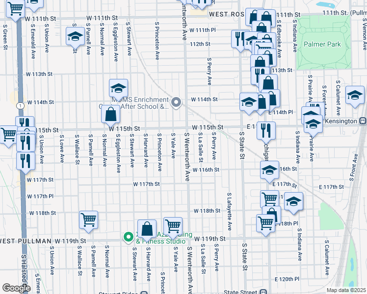 map of restaurants, bars, coffee shops, grocery stores, and more near 11557 South Yale Avenue in Chicago