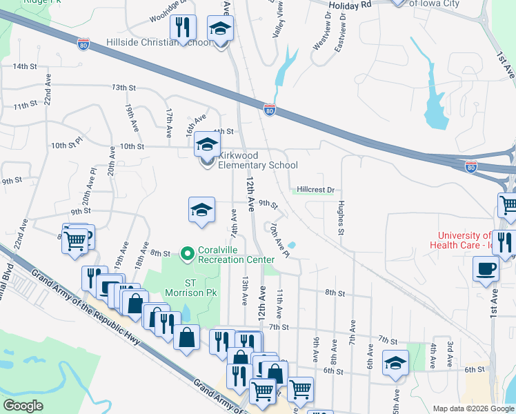 map of restaurants, bars, coffee shops, grocery stores, and more near 826 Old Macabe Circle in Coralville