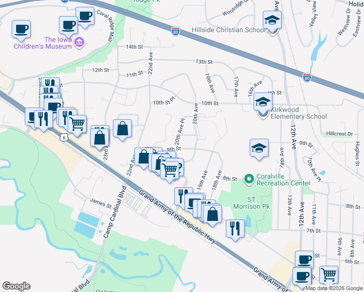 map of restaurants, bars, coffee shops, grocery stores, and more near 2028 9th Street in Coralville