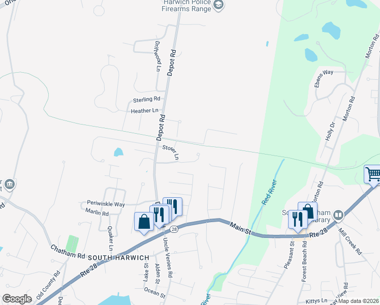 map of restaurants, bars, coffee shops, grocery stores, and more near 30 Jesse Eldredge Road in Harwich