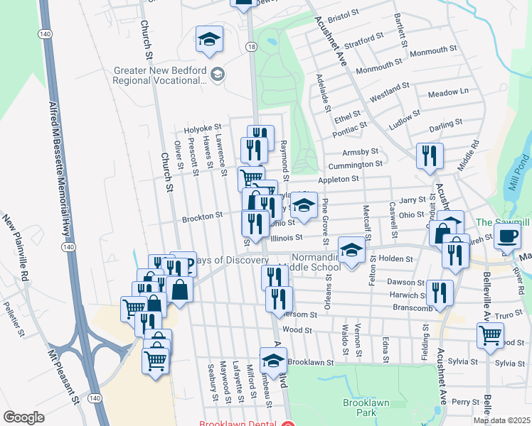 map of restaurants, bars, coffee shops, grocery stores, and more near 258 Ohio Street in New Bedford