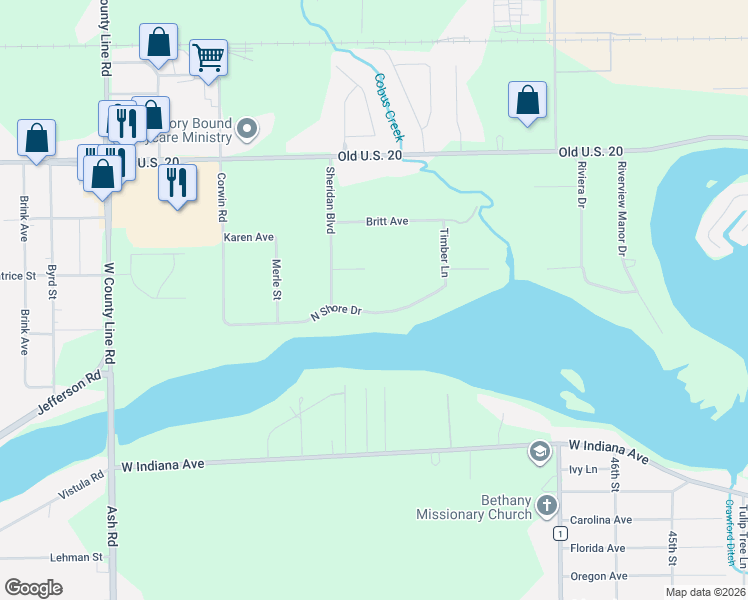 map of restaurants, bars, coffee shops, grocery stores, and more near 30399 North Shore Drive in Elkhart