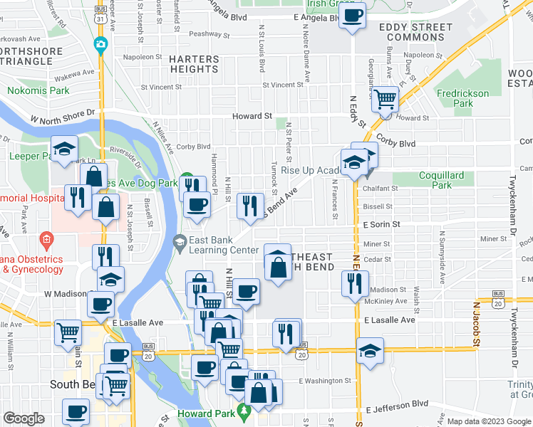 map of restaurants, bars, coffee shops, grocery stores, and more near 722 South Bend Avenue in South Bend