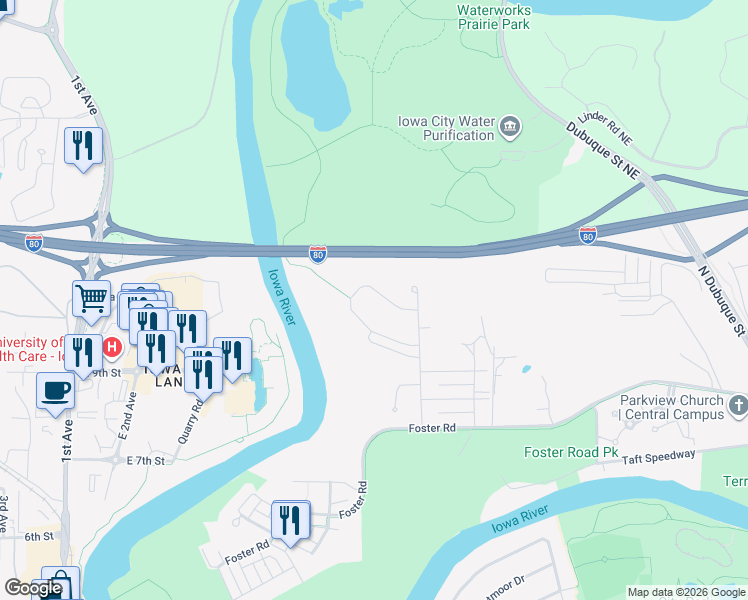 map of restaurants, bars, coffee shops, grocery stores, and more near 1062 Manitou Trail in Iowa City