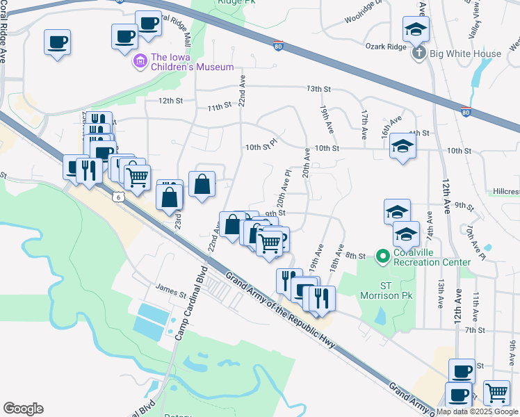map of restaurants, bars, coffee shops, grocery stores, and more near 601 21st Avenue Place in Coralville