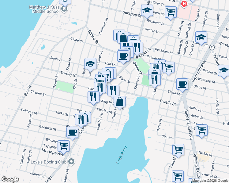 map of restaurants, bars, coffee shops, grocery stores, and more near 152 Tuttle Street in Fall River