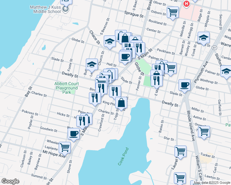 map of restaurants, bars, coffee shops, grocery stores, and more near 152 Tuttle Street in Fall River