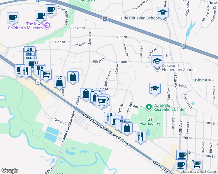map of restaurants, bars, coffee shops, grocery stores, and more near 2028 9th Street in Coralville