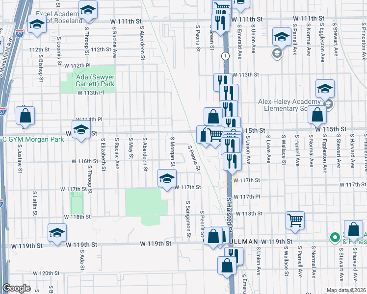 map of restaurants, bars, coffee shops, grocery stores, and more near 11548 South Sangamon Street in Chicago
