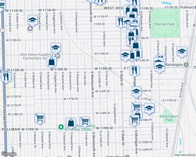 map of restaurants, bars, coffee shops, grocery stores, and more near 11540 South La Salle Street in Chicago