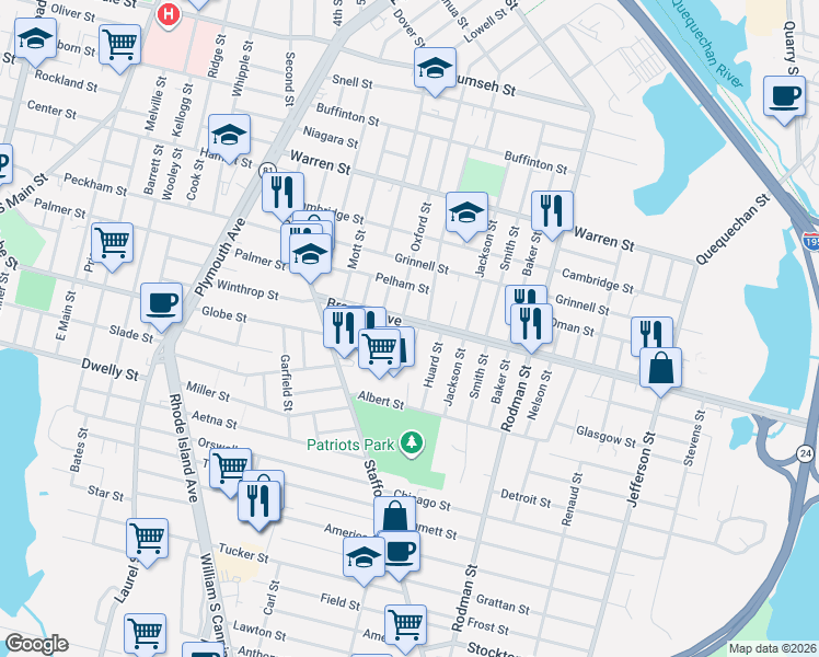 map of restaurants, bars, coffee shops, grocery stores, and more near 44 Grace Street in Fall River