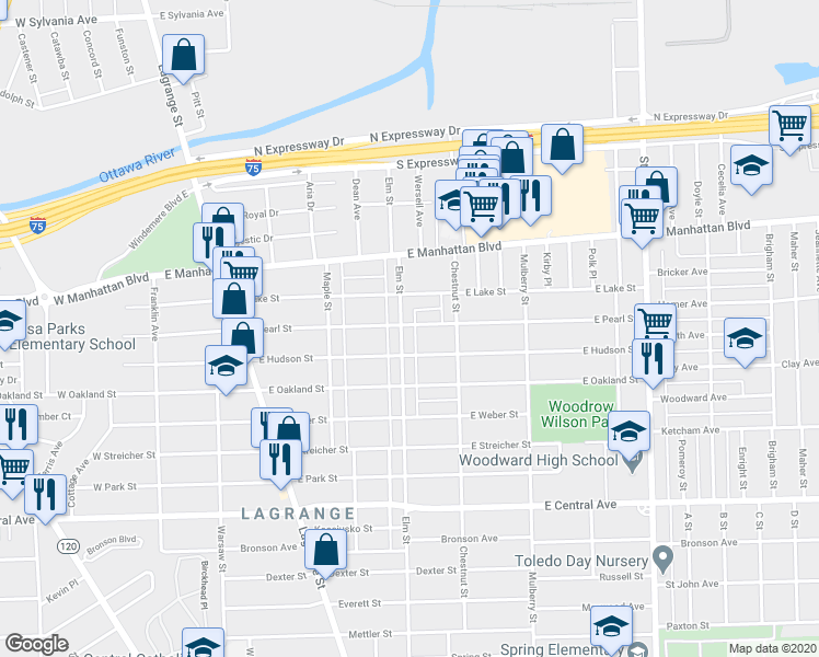 map of restaurants, bars, coffee shops, grocery stores, and more near 3356 Elm Street in Toledo