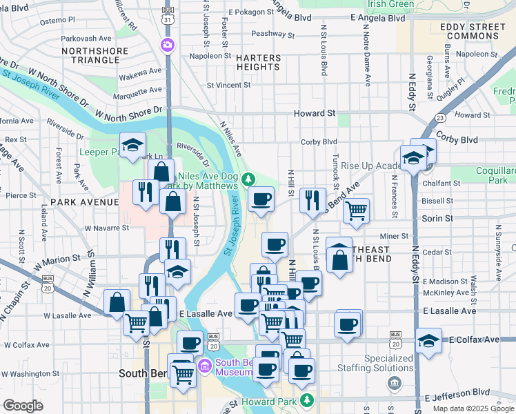 map of restaurants, bars, coffee shops, grocery stores, and more near 701 North Niles Avenue in South Bend