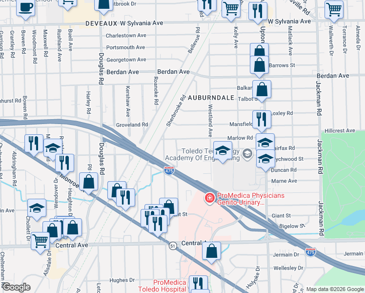 map of restaurants, bars, coffee shops, grocery stores, and more near 2168 Fairfax Rd in Toledo