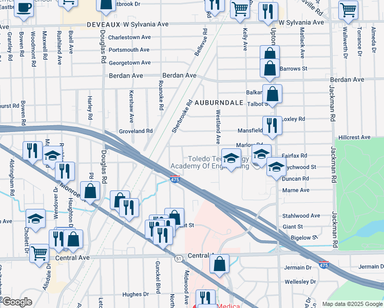 map of restaurants, bars, coffee shops, grocery stores, and more near 2158 Fairfax Road in Toledo