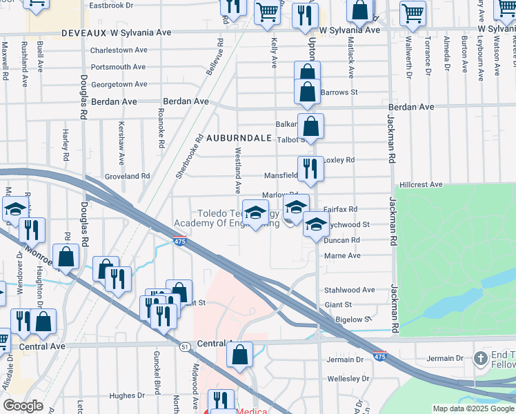 map of restaurants, bars, coffee shops, grocery stores, and more near 2032 Fairfax Road in Toledo
