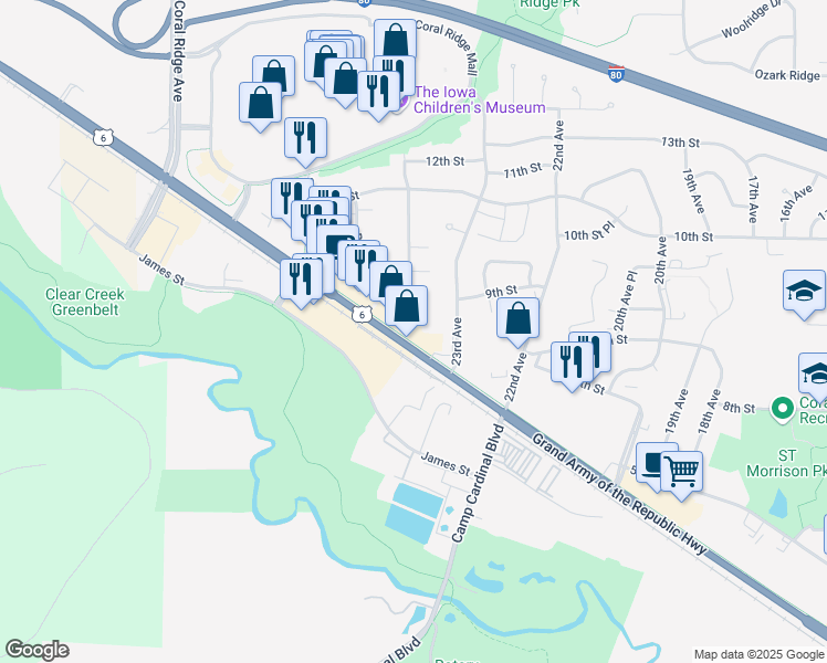 map of restaurants, bars, coffee shops, grocery stores, and more near 2401 2nd Street in Coralville