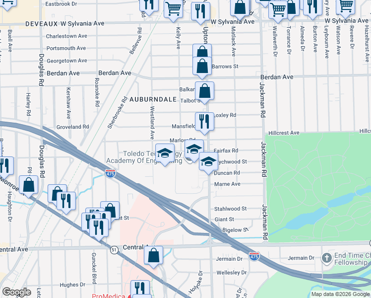map of restaurants, bars, coffee shops, grocery stores, and more near 2011 Fairfax Road in Toledo