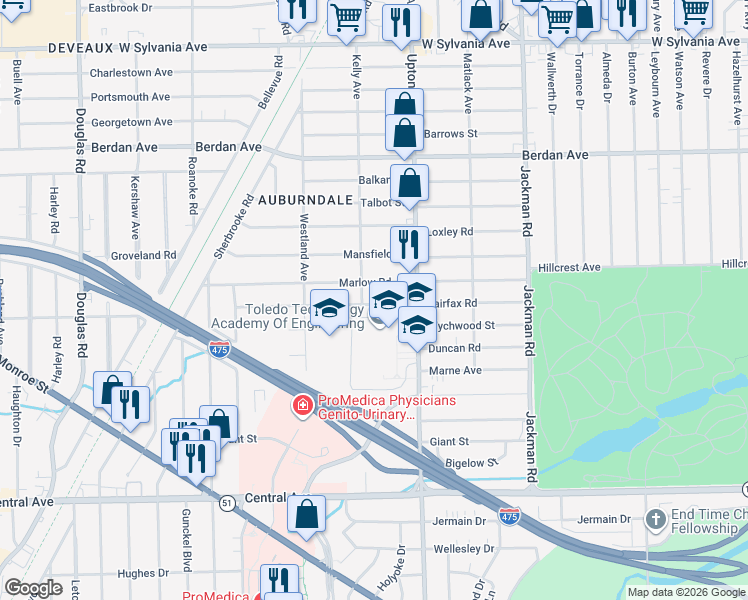 map of restaurants, bars, coffee shops, grocery stores, and more near 1948 Fairfax Road in Toledo