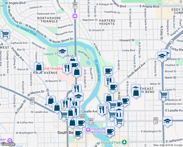 map of restaurants, bars, coffee shops, grocery stores, and more near Hammond Place in South Bend