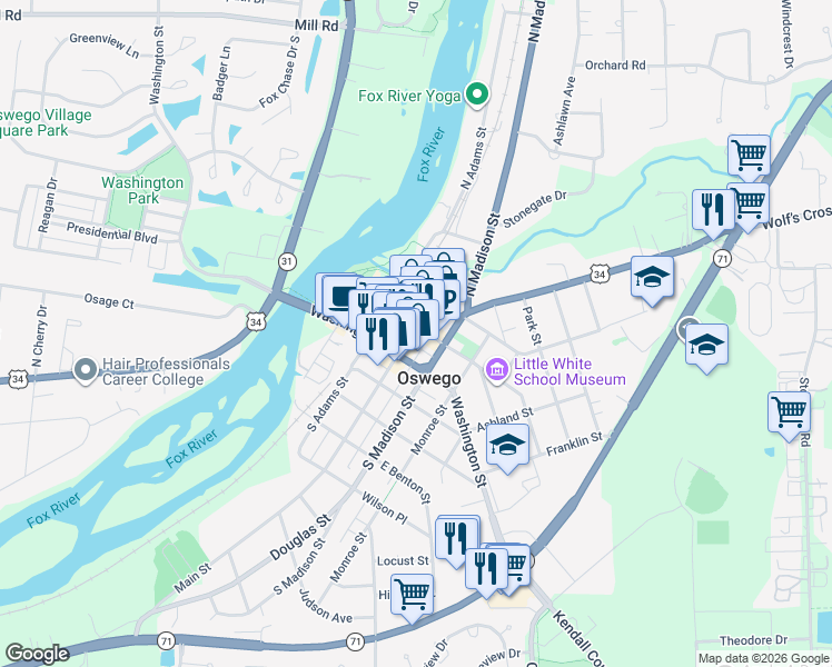 map of restaurants, bars, coffee shops, grocery stores, and more near in Oswego