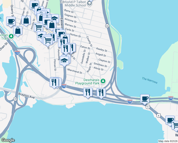 map of restaurants, bars, coffee shops, grocery stores, and more near 2113 Pleasant Street in Fall River