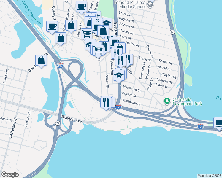 map of restaurants, bars, coffee shops, grocery stores, and more near 284 Pitman Street in Fall River