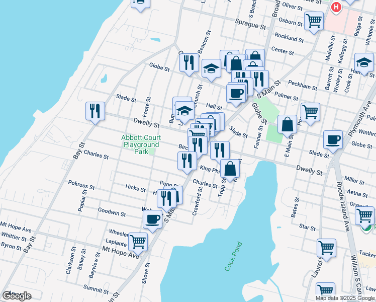 map of restaurants, bars, coffee shops, grocery stores, and more near 684 King Philip Street in Fall River