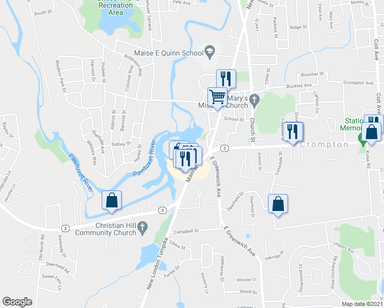 map of restaurants, bars, coffee shops, grocery stores, and more near 1727 Main Street in West Warwick