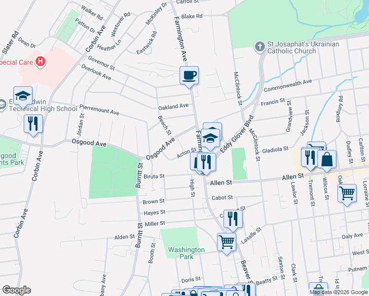 map of restaurants, bars, coffee shops, grocery stores, and more near 26 Acton Street in New Britain