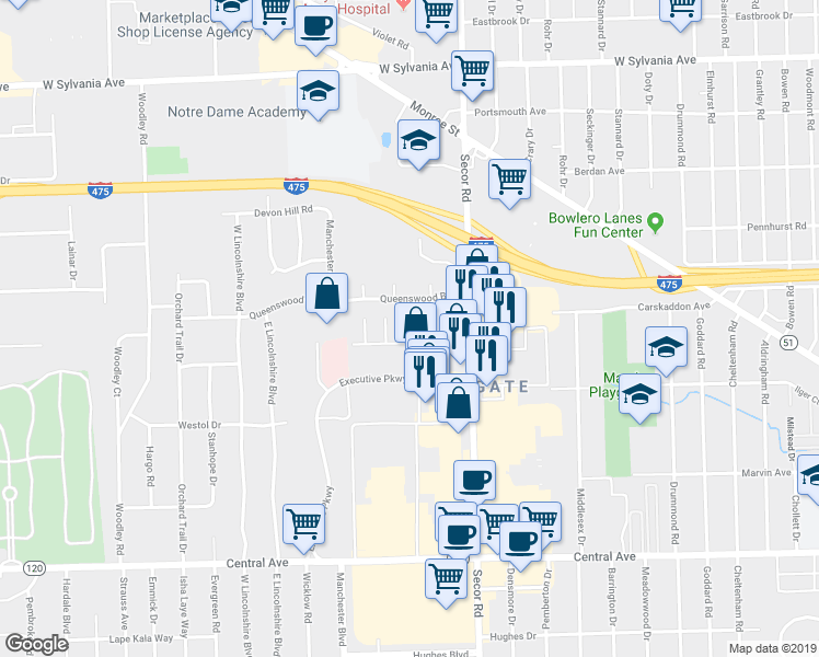 map of restaurants, bars, coffee shops, grocery stores, and more near 3535 Executive Parkway in Toledo