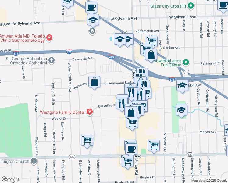 map of restaurants, bars, coffee shops, grocery stores, and more near 3517 Executive Parkway in Toledo