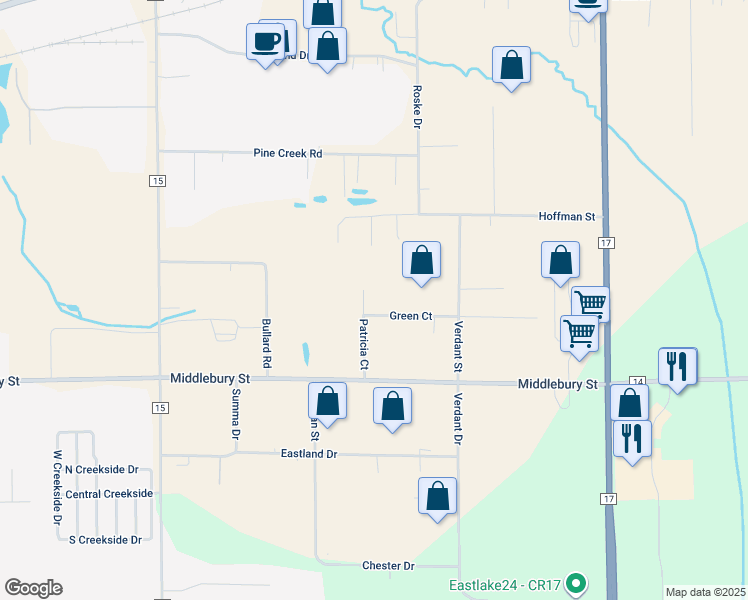 map of restaurants, bars, coffee shops, grocery stores, and more near 4659 Green Court in Elkhart